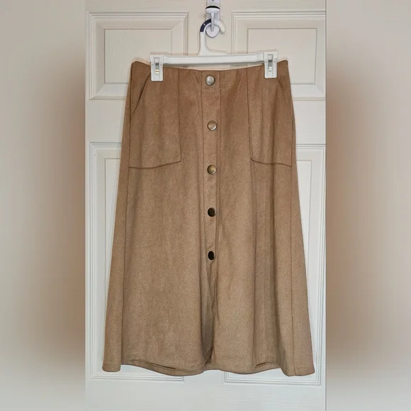 Cato Faux Suede Button-Front Midi Skirt | Tan A-Line - Picture 1 of 4